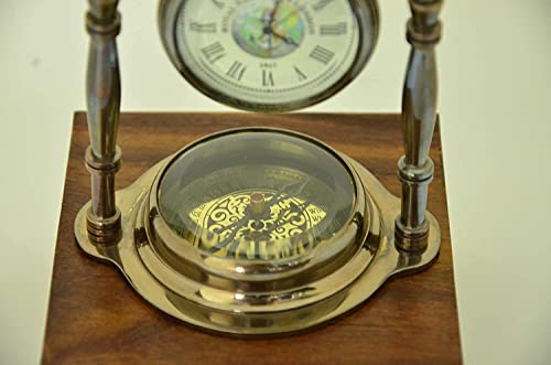 Royal Nautical Handmade Nautical Antique Brass Desk & Shelf Clock with Compass Base Antique Brass Desk Hanging Clock with Compass – Roman Dial.(Set of 5 Pieces)