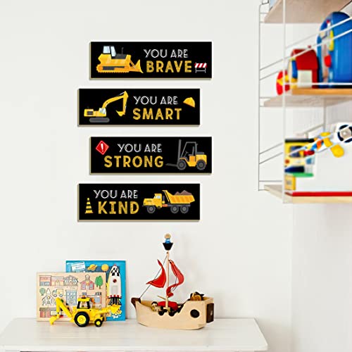 LUHIMO 4 PCS Construction Trucks Theme Room Decor for Boys,Wooden Hanging Wall Pediments for Kids Toddler Boy Playroom Art Inspirational Quotes.