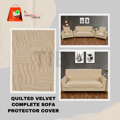 TIB Velvet Quilted Sofa Cover Set 5 Seater | Sofa Cover 3 Seater and 2 Seater | Cream, 5 Seater with 2 Long Back Cover and 4 seat Cover