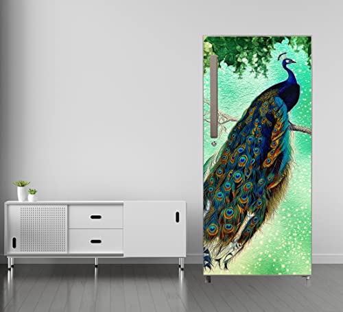 RK Digital Mart Peacock Fridge Stickers | Single Door Fridge Stickers | Refrigerators Stickers with Self-Adhesive Stickers Easy to Apply (Size:120 x 61cm)