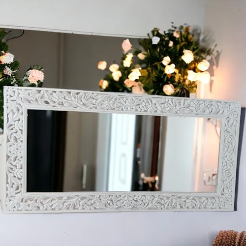 aesthetic decor (6x3 Wooden Carved Wall Mirror Frame Solid Wood, | with Out Mirror | Crown Pattern (White Distress)