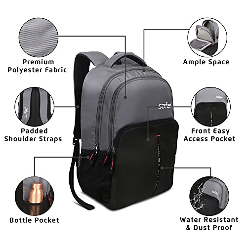 Safari Sneak 26 Ltrs Small Casual Backpack with USB Charging Port | Water Resistant Fabric - Grey