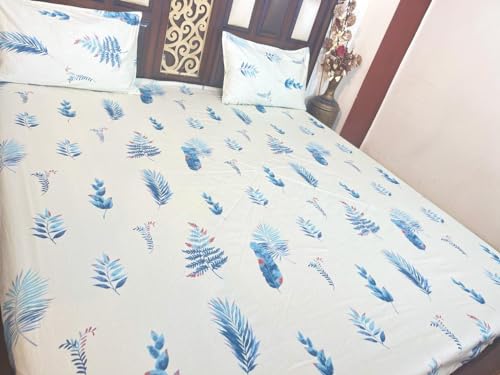 Agarwal Collection Tempting Premium Cotton Double Bed King Size Bedsheet with 2 Pillow Covers (White with Snow Blue)