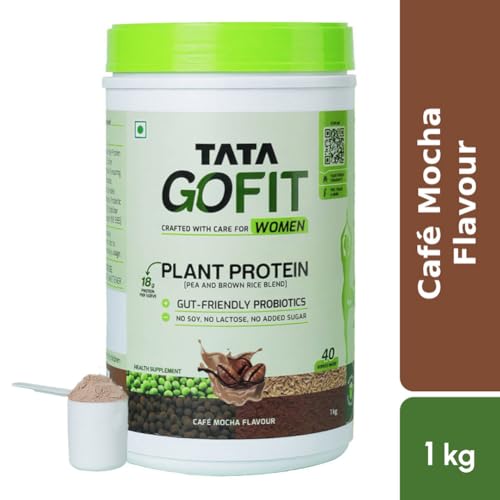 Tata GoFit Plant Protein Powder, Pea & Brown Rice Blend, 18g Protein, Café Mocha Flavour, 1kg (40 Serves), No Soy, No Lactose, No Added Sugar, Vegan