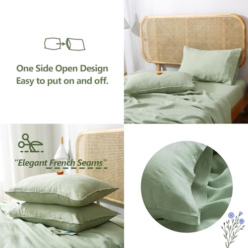 Victory Symbol 100% French Natural Linen Bedding Ultra Soft Stone Washed 4 Piecces Sheets Set(Light Green,Queen)