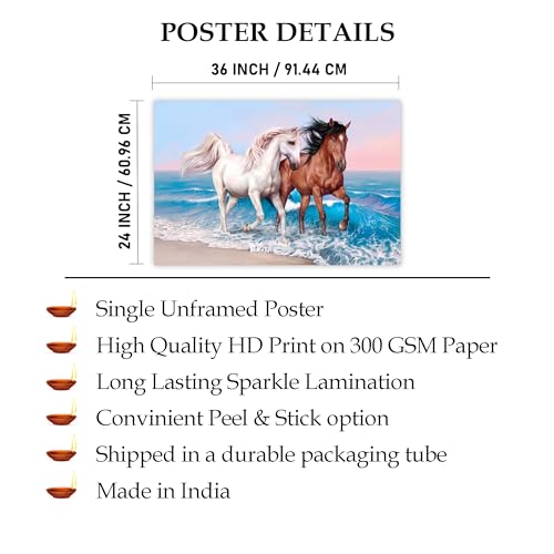 Indianara Rolled Sparkled Vastu Seven Running Horses Art Print for Room Décor Digital Reprint 36 inch x 24 inch Painting (10261PST)