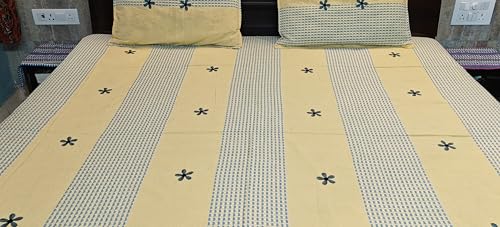 Riti Riwaaz Cotton Lining Double Bed Sheet with Two Pillow Covers, Handloom Cotton Bedsheets | All Season Comfort | Handmade Bedsheet 100 X 105 Inches King Size, 210 TC (Yellow Blue Flower Jaal)