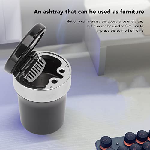 Mini Car Ashtray, Flame Retardant Car Ashtray LED Light Detachable Stainless Steel Inside for Outdoor (Black Silver)