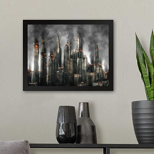 GADGETS WRAP Printed Photo Frame Matte Painting for Home Office Studio Living Room Decoration (11x9inch Black Framed) - Burning City Scenery