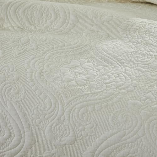 Brandream Quilt Set Cotton Queen King Size Bedspread Coverlet Set 100% Cotton Cream White Luxury Quilted Comforter Sets Damask Embroidery Lightweight