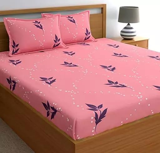 Madhu Textiles 250 TC Cotton All Round Elastic Fitted Double Bedsheet (72X78 inch) with 2 Pillow Covers, (Double, Pink)