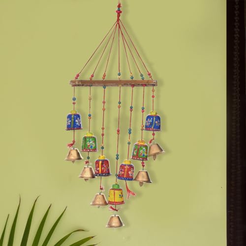 Brown Leaf Handmade Rajasthani Handcrafted Wooden Elephant Wall Hanging Home Décor Wind Chimes with Bells for Temple, House, Festivals Diwali Gift Festive Decoration(Pack of 1) (Bell Design)