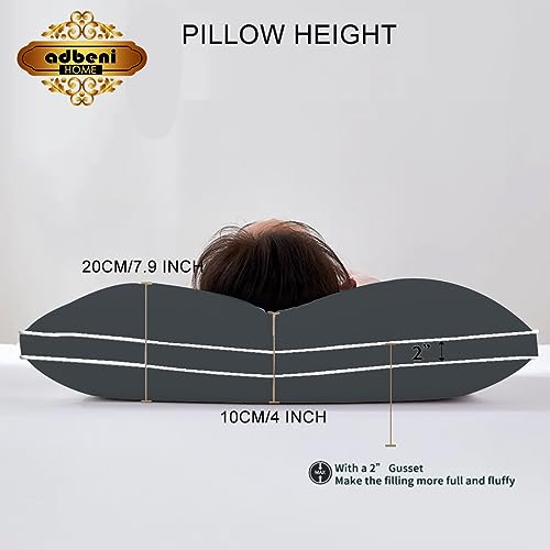 ADBENI HOME Premium Luxury Micro Fiber Fluffy Ultra Soft Gusseted Sleeping Pillow, 300 Thread Count 100% Cotton Satin, 16x24 Inch Queen U.S., Dark Grey-White (Pack of 1)