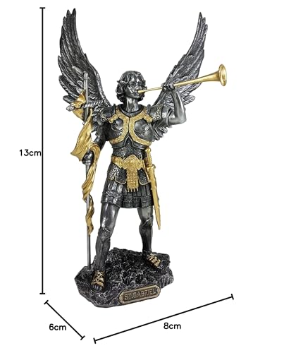 13" Saint Gabriel Archangel Statue W/Trumpet and Cross Pewter & Gold Finish Angel