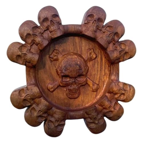 Handcrafted Premium Wooden Skull Ashtray, 18 x 18 cm, Gothic Design with 13 Carved Skulls, 4 Holders