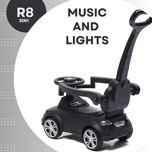 Fun Ride Car Ride On - R8 3-in-1 for Kids with Parent Handle, Music, Light, Backrest & Storage - 1 to 3 Years, Kids Indoor/Outdoor Toy Car for Boys and Girls- (Upto 20 Kg) (Black)