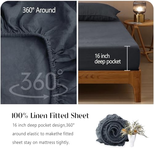 Victory Symbol 100% French Natural Linen Bedding Ultra Soft Stone Washed 4 Piecces Sheets Set(Silver Gray,Queen)