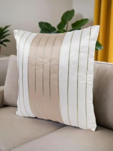 Gifts Island Set Of 5 Cream & Beige Polyester Silk Gold-Tone Striped Square Cushion Covers 16 Inch X 16 Inch (40.64 X 40.64 Cm, Cream), 350 TC