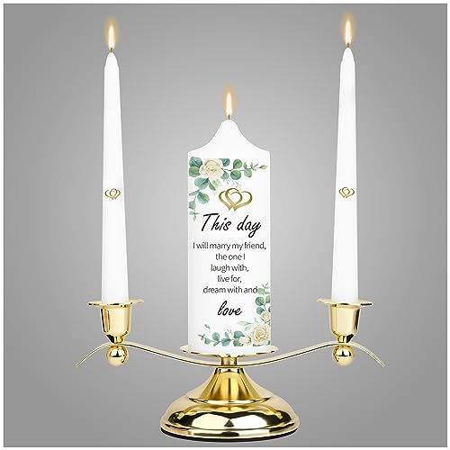 3 Unity Floral Candles for Wedding Ceremony Set with Perfect Golden Candle Holder, Fit for White Taper Pillar Candles, Religious Wedding Anniversary Big Events Gifts for Couple