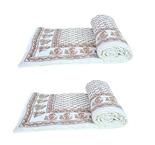 SIBLEY Cotton Jaipuri Light Weight Traditional Rajasthani Print Single Bed Quilt/Razai/Rajai (Design 3, Single Bed - Set of 2 - Off White)