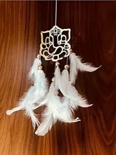 White Ganesh Hanging Handmade Hangings for Positivity Feather,Wool(8inch, White) Feather Dream Catcher (8 inch, White)