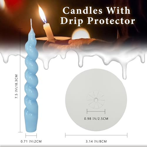 Spiral Taper Candle Blue Candlesticks 7 Inch Short Tapered Candles Unscented Candle Sticks Smokeless Candles with Candle Drip Tray for Holiday Dinner Wedding Home Decor Party Gifts