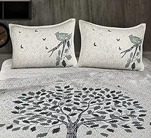 Proudly Made in India .100% Pure Cotton Double Bedsheet Amazing Desingn Cotton Bedding with 2 Pillow Covers (White Green)