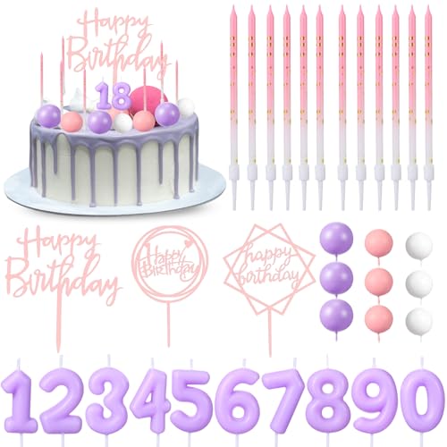 Yerliker 34 Pcs Birthday Candles Cake Toppers for Men Women with 12 Long Thin Birthday Cake Candle 10 Numeral Birthday Candle 9 Ball Cake Topper 3 Birthday Cake Topper(Purple Pink)