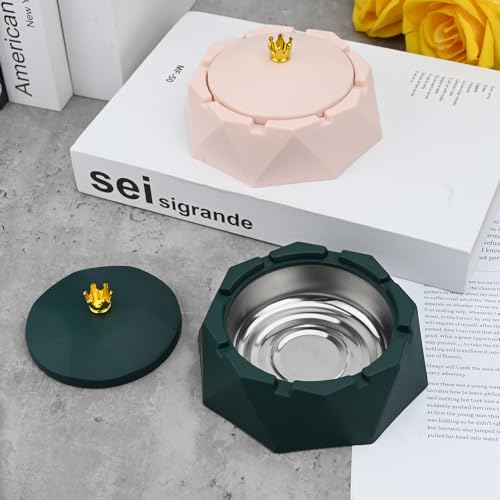 Bekecidi 2 PCS Ashtray with Lid, Crown Stainless Steel Ashtray, Desktop Smoking Ash Tray, Windproof Ash Holder for Smokers, Ashtray for outdoor Indoor Home Office Garden Bar (Pink, Green)