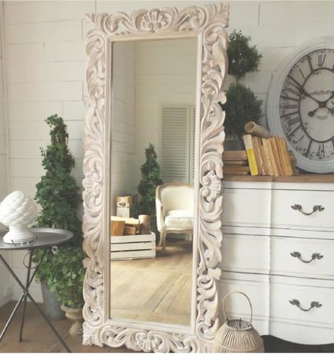 AESTHETIC DECOR Wooden(5x2.5) ft Carved Wall Mirror Frame Solid Mango Wood, | with Out Mirror | Crown Pattern White Distress (6 * 2.5)