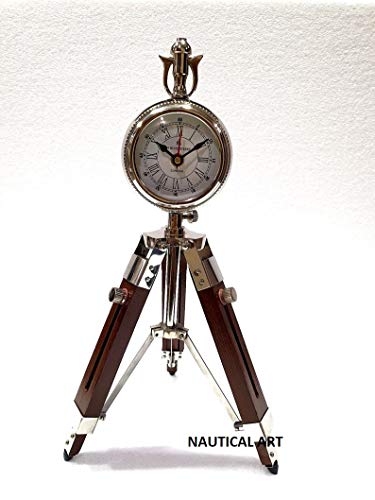 Nautical Art Vintage Table Wooden Adjustable Stand Shiny Silver Clock Nautical Style Clock