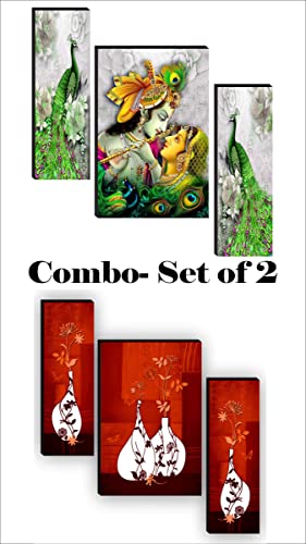 SAF Religious Radhe Krishna UV Textured Painting Set of 3 (18 Inch X 12 Inch, Multicolour, SANFJM31085) & Set of 3 Flower Pot Paintings for living room Painting 12 Inch X 18 Inch SAF-JM7713