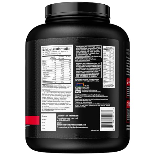 MuscleTech Nitro-Tech Whey Protein, 1.81kg (4lbs), Milk Chocolate, 30g Protein, 3g creatine monohydrate, 6.7g BCAA, ultimate muscle building formula, increase strength & performance