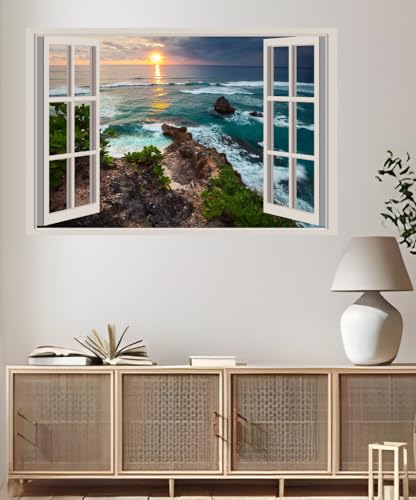 JVERF - JZZA22815 Indonesia Coast Waves Sunrises and Sunsets Horizon| Self-Adhesive Open Window Wall Sticker