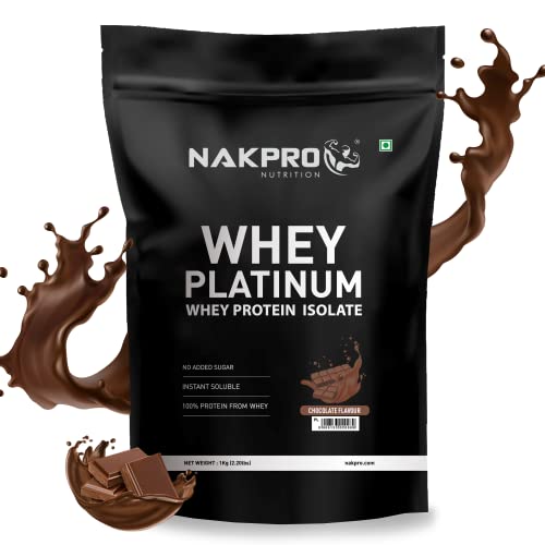 NAKPRO Platinum Whey Protein Isolate | 28g Protein, 6.36g BCAA | Easy Mixing, Low Carbs, Easy Digesting Whey Protein Supplement Powder (1 Kg, Chocolate)