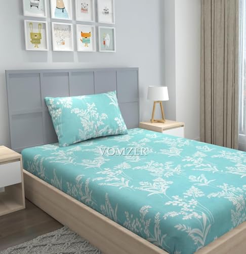 VOMZER 320 TC Elastic Fitted Bedsheets Single Bed with 1 Pillow Cover | Single Bed with All Around Elastic, Size 36 x 72 x 10 Inches Aqua Lily