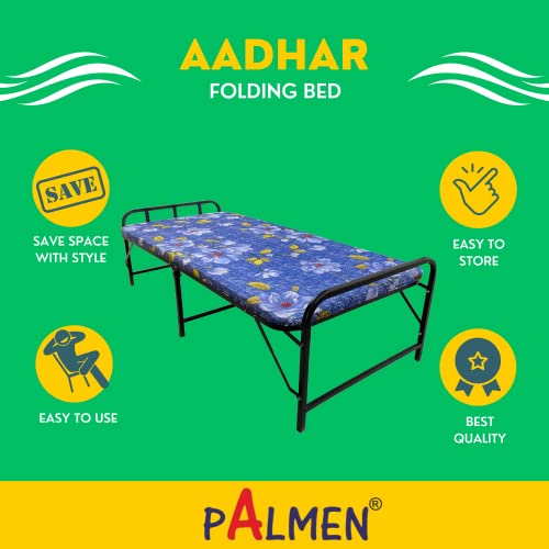 PALMEN Folding Bed Single for Sleeping, 2 Inch Soft Mattress Top Single Size Cot 3x6 ft (Powder Coating Black Matte Finish)