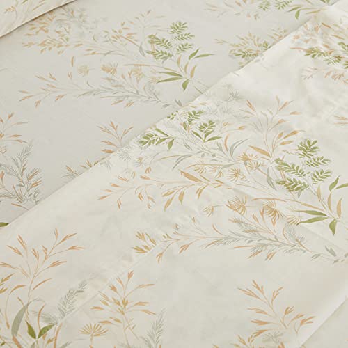 FADFAY Queen Bed Sheet Sets, Floral Leaves Bed Sheet Set Premium 100% Cotton 600 TC Green & Cream Flower Bedding Botanical Pastel Printed Soft Deep Pocket Fitted Sheet 4Pcs, Queen