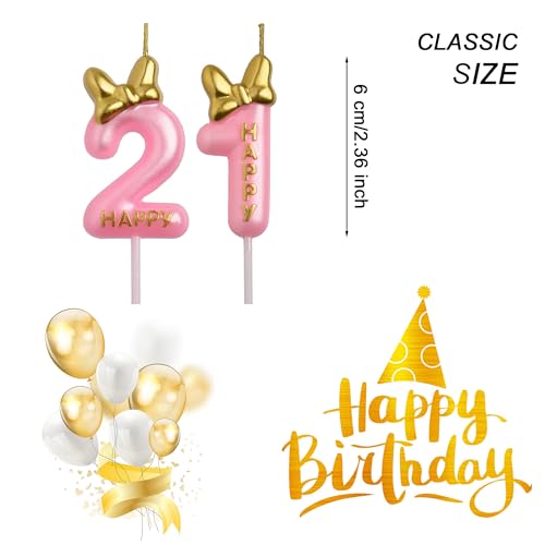 AOOLADA 21st Birthday Candles, Pink 21 Year Old Number Birthday Candles, Happy Birthday Party Decorations Cake Topper Gifts for Men Women