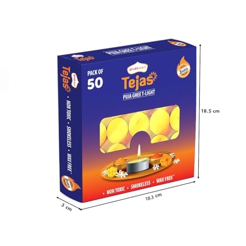 Shubhkart Tejas Puja Ghee T-Light Candles 50N | Non Toxic Smokeless & Wax Free Tea Light Candles Perfect for Home Decor, Prayers, Rituals|No Residue Long Lasting| 3 Hours Burn Time (Set of 50)