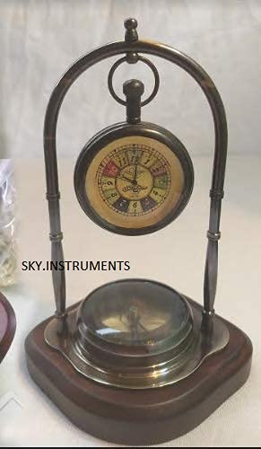 Sky Instrument Clock with Brass Compass Deck Clock/Table Clock,with Direction Compass/for,Office,Room,Decor (6cm X 2Cm)