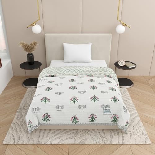 AARMOZY Cotton Jaipuri Razai Single Bed Hand Block Floral Buta Bail Print Quilt Blanket - Green/Pink (Single Bed B)