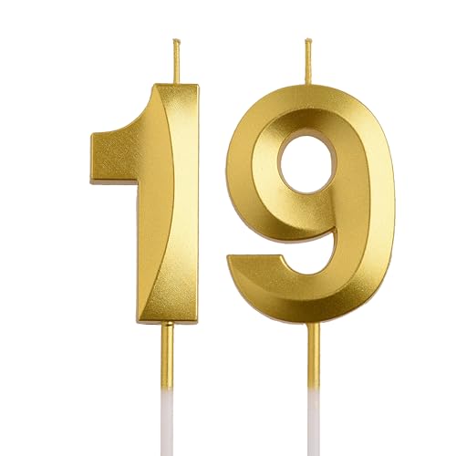 AOOLADA 19th Birthday Candles, Gold 3D Number 19 Happy Birthday Candles, Cake Topper Decorations for Teenagers Boys Girls