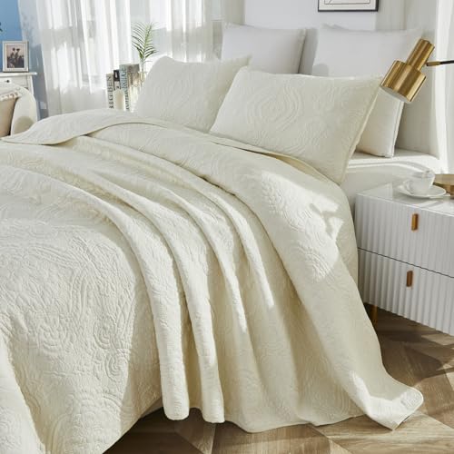 Brandream Quilt Set Cotton Queen King Size Bedspread Coverlet Set 100% Cotton Cream White Luxury Quilted Comforter Sets Damask Embroidery Lightweight