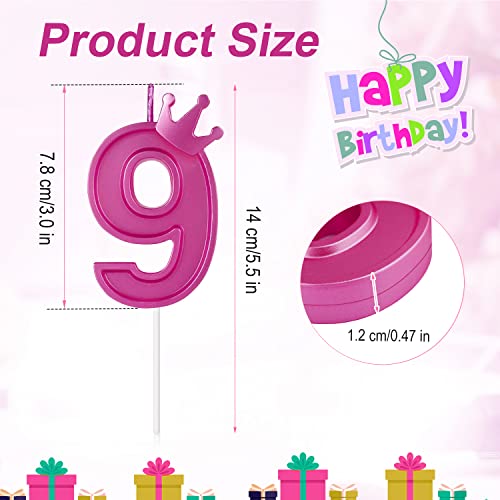 3 Inch Birthday Number Candle, 3D Number Candle with Crown Decor Large Cake Topper Number Candles for Birthday Cakes Wedding Anniversary Graduation Festival Party (Rose Red, 9)