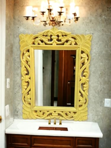 Taksha Decors Carved Wooden Frame Mirror | Intricate Wooden Carving | Yellow | 12 inches