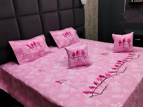 SHEYMOIL Presents Birds Patch Designer Cotton Double Bedsheet for Couples with 2 Pillow Cover and 2 cusions (Pink)