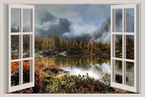 JVERF - JZZA29593 Switzerland Lake Mountains Stones Autumn Massersee| Self-Adhesive Open Window Wall Sticker