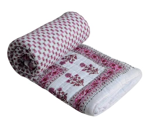 fashhub World Famous Jaipuri Light Weight Pure Cotton Traditional Rajasthani Print White Colour Double Bed Quilt/Razai/Rajai (Rad Boti, Double)