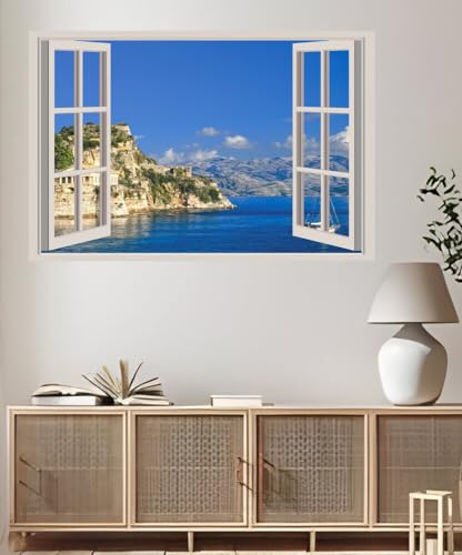 JVERF - JZZA22468 Greece Coast Sea| Self-Adhesive Open Window Wall Sticker